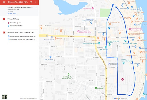 The route of the 2018 Branson Adoration Parade that runs through downtown Branson